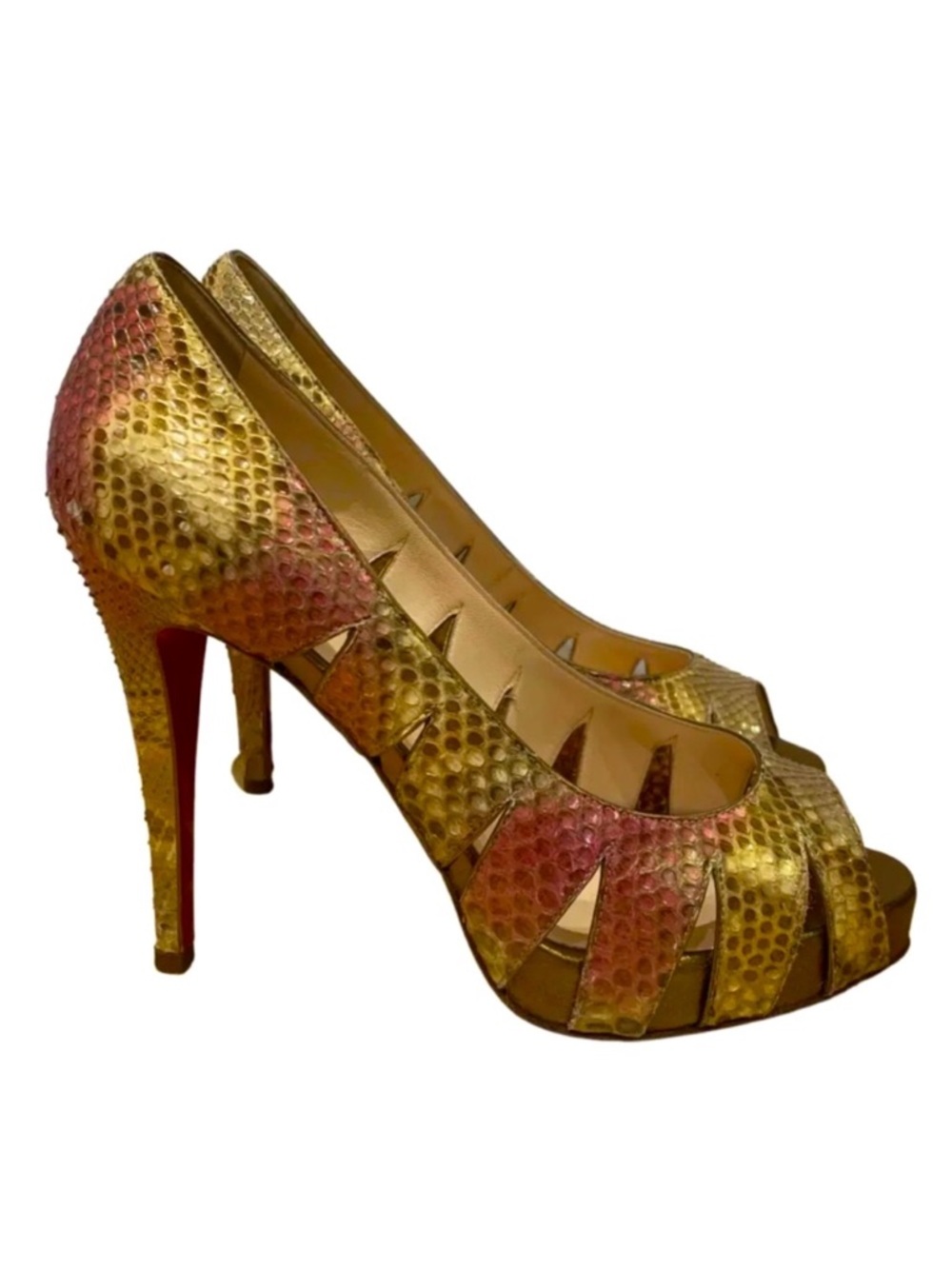 Christian Louboutin Fontanete Pink and Gold Metallic Snakeskin Peep Toe Pumps 39